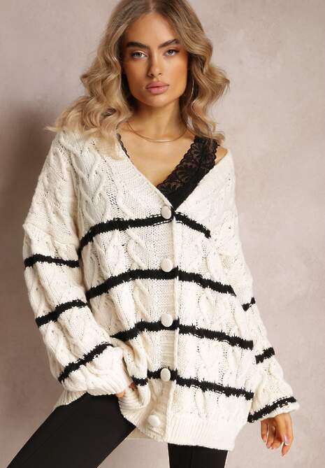 Jasnobeżowy Zapinany Kardigan w Paski i Warkoczykowy Splot Isildesa