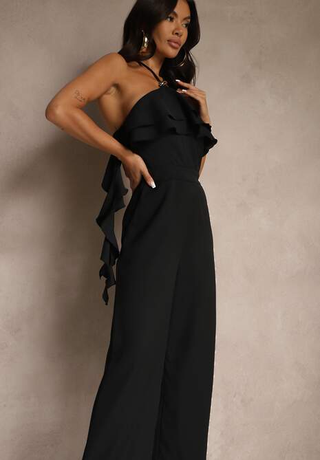 Czarny Asymetryczny Kombinezon Ozdobiony Metaliczną Aplikacją Tilfina