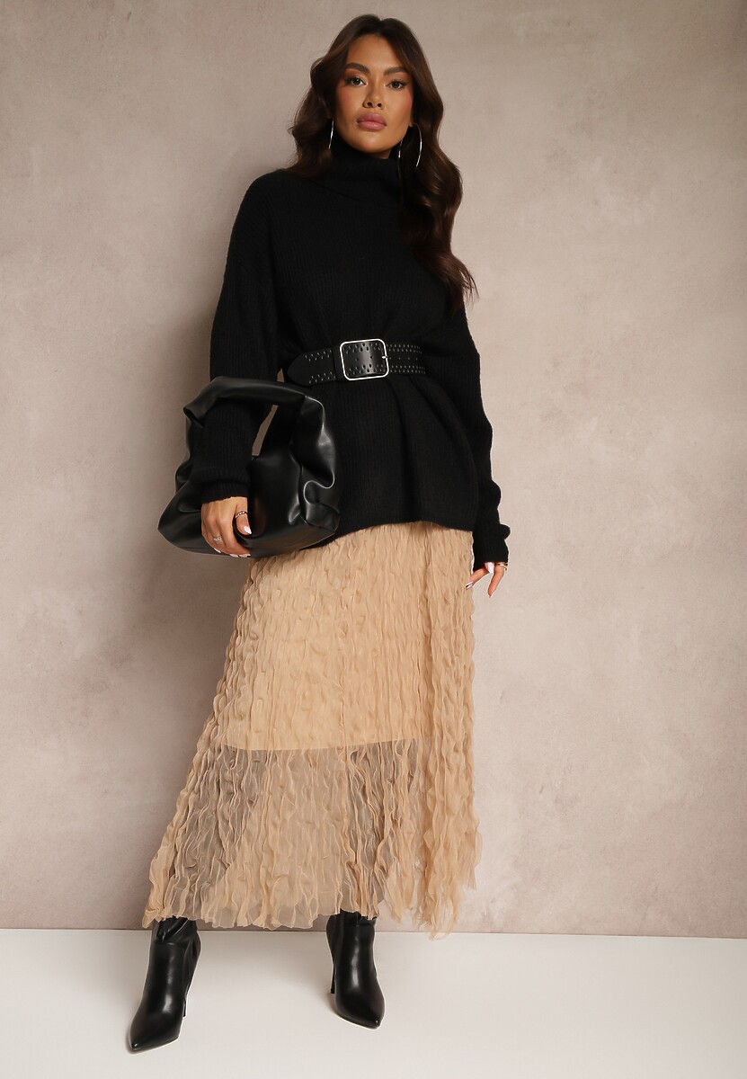 Brązowa Półtransparentna Spódnica z Tłoczeniami o Rozkloszowanym Kroju z Gumką w Talii Zeridra