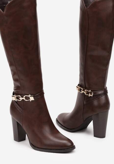 Brązowe Kozaki na Słupku Muszkieterki z Klamerką Vortilina