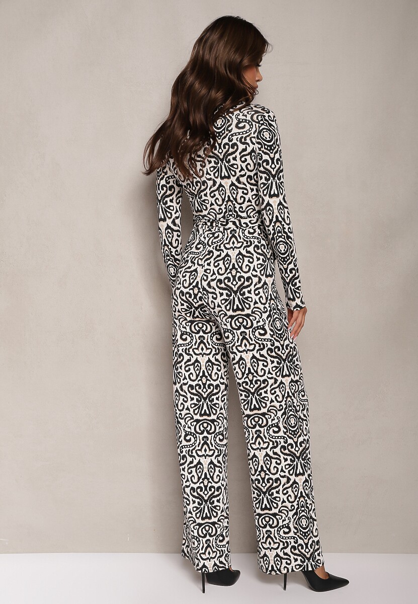 Czarno-Biały Długi Kombinezon z Ornamentalnym Wzorem i Wiązanym Paskiem Feniti