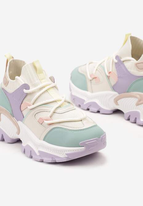 Fioletowo-Zielone Sneakersy w Skarpetkowym Stylu z Elastycznym Wiązaniem i Tłoczoną Podeszwą Ielene