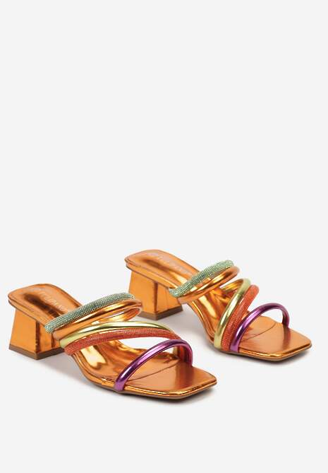 Pomarańczowe Klapki Ozdobione Cyrkoniami na Słupku z Kwadratowym Noskiem Alfiva