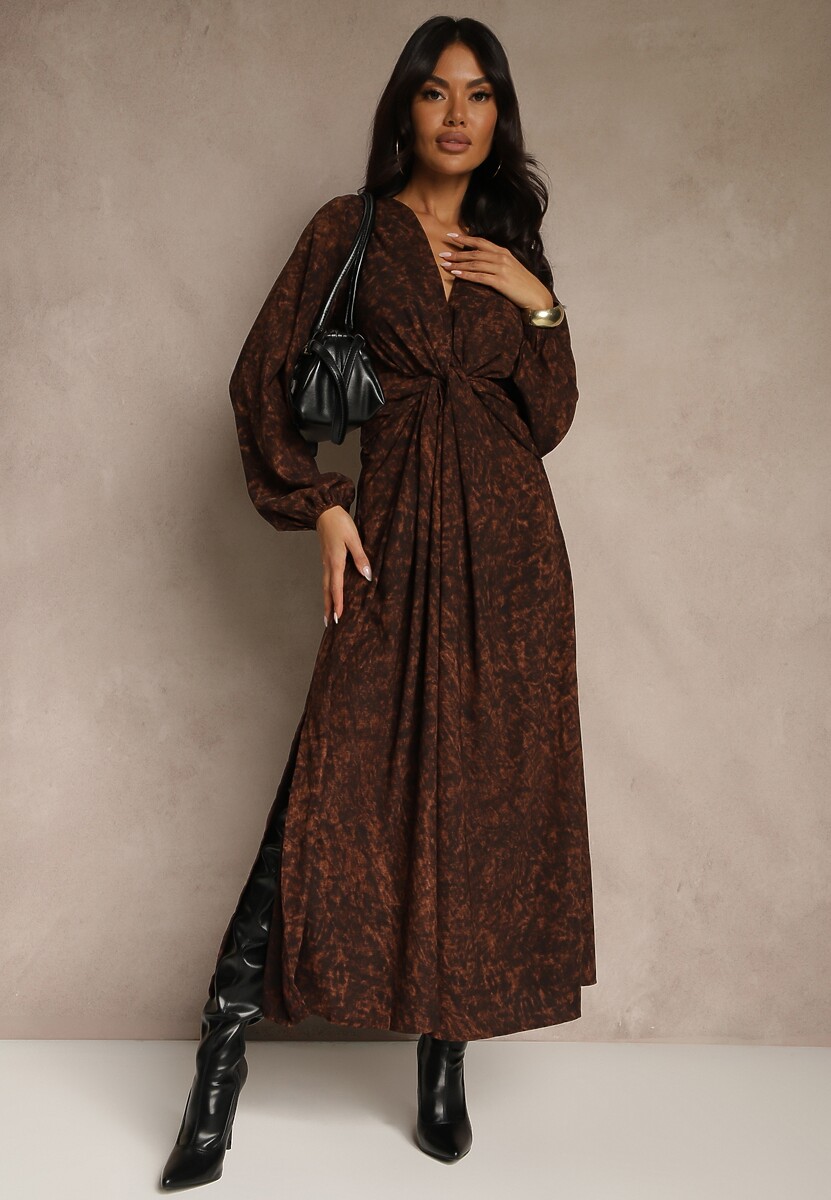 Brązowa Sukienka z Rozcięciem na Nogę Ozdobiona Marszczeniem Zozanne