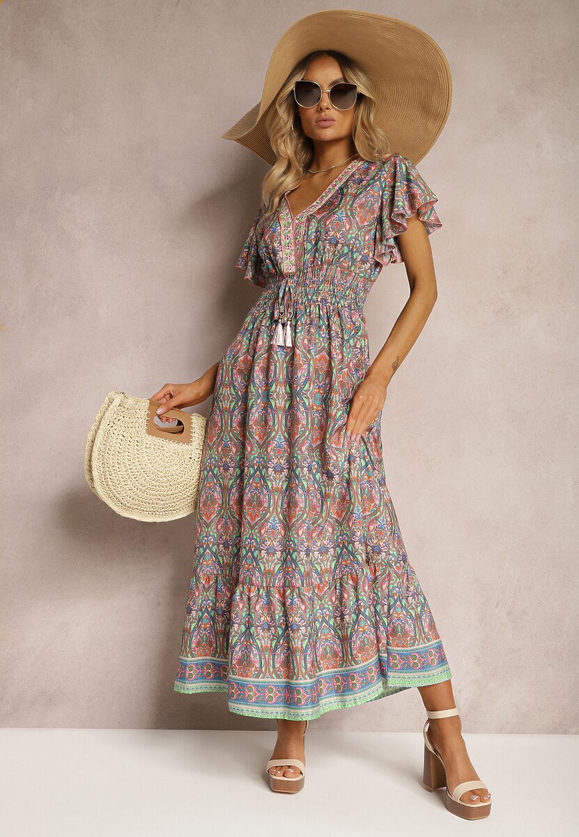 Różowo-Niebieska Rozkloszowana Sukienka w Etniczny Wzór z Krótkim Rękawem i Gumką w Pasie Zorisa