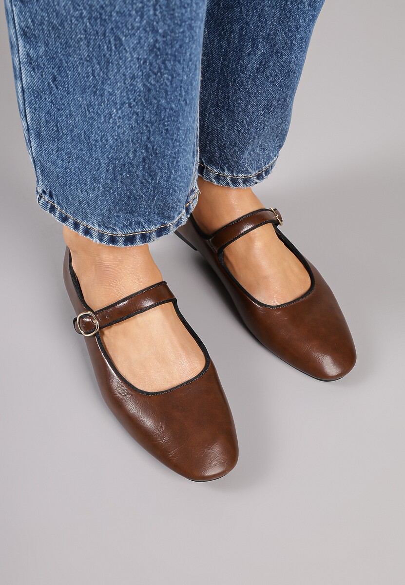 Jasnobrązowe Balerinki Vices z Wkładką ze Skóry Naturalnej Ozdobione Paskiem Patantie