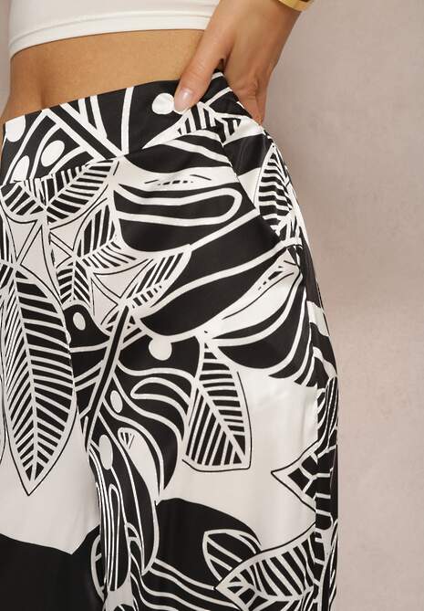 Czarno-Białe Spodnie z Szerokimi Nogawkami HIgh Waist z Gumką w Talii Dimnia