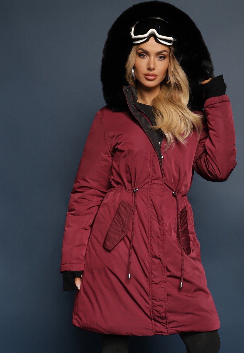 Bordowa Długa Kurtka Płaszcz o Dwustronnym Fasonie z Kapturem Astrae