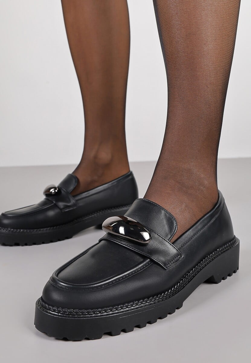 Czarne Mokasyny Vices z Wkładką ze Skóry Naturalnej z Metaliczną Aplikacją Fergia