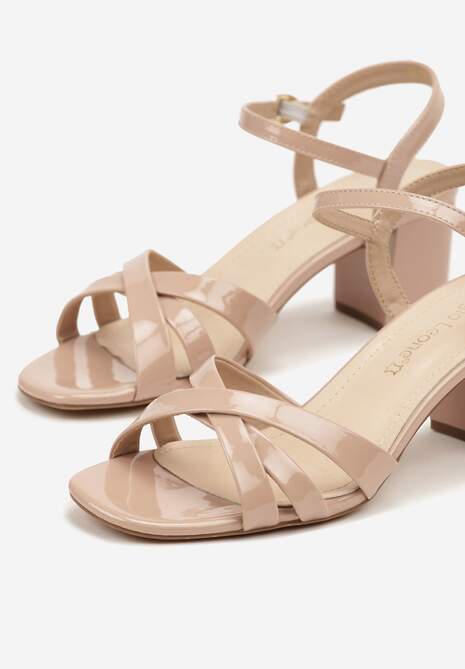 Ciemnobeżowe Sandały Lakierowane na Słupku ze Skórzaną Wkładką Folimea