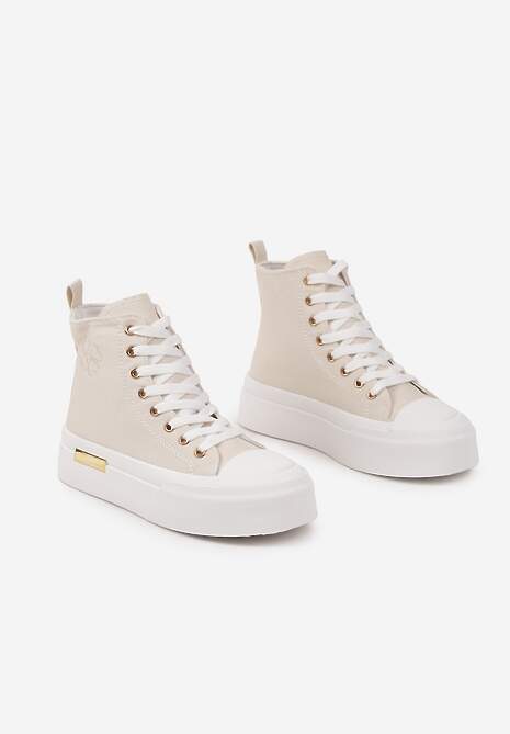 Beżowe Trampki na Platformie z Wysoką Cholewką Ozdobione Haftem Fonaril