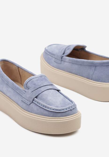 Niebieskie Mokasyny na Grubej Podeszwie z Wkładką ze Skóry Naturalnej Polvia