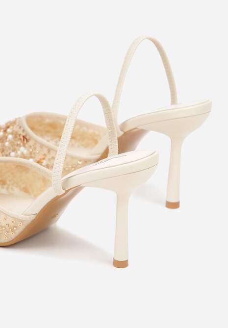 Beżowe Szpilki Slingback Zdobione Perełkami i Cekinami Irifera