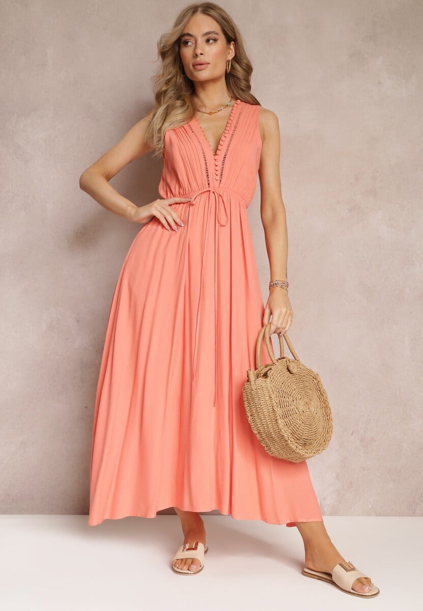 Fioletowa Rozkloszowana Sukienka Maxi z Gumką w Talii i Ozdobnymi Guzikami z Wiskozy Vianna