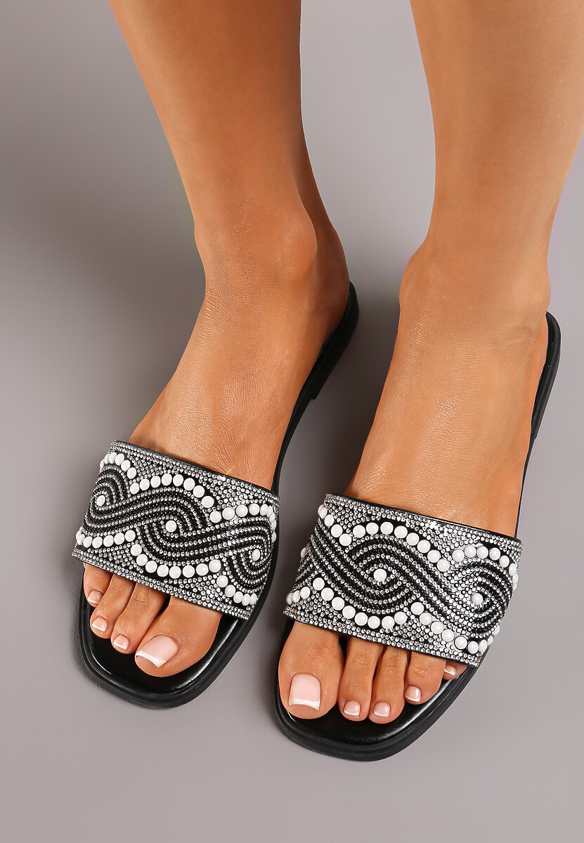 Czarne Płaskie Klapki w Stylu Boho z Cyrkoniami i Drobnymi Koralikami Hotari