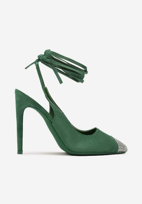 Zielone Sandały z Noskiem Ozdobionym Cyrkoniami i Wiązaniem wokół Łydki na Szpilce Hlienoma