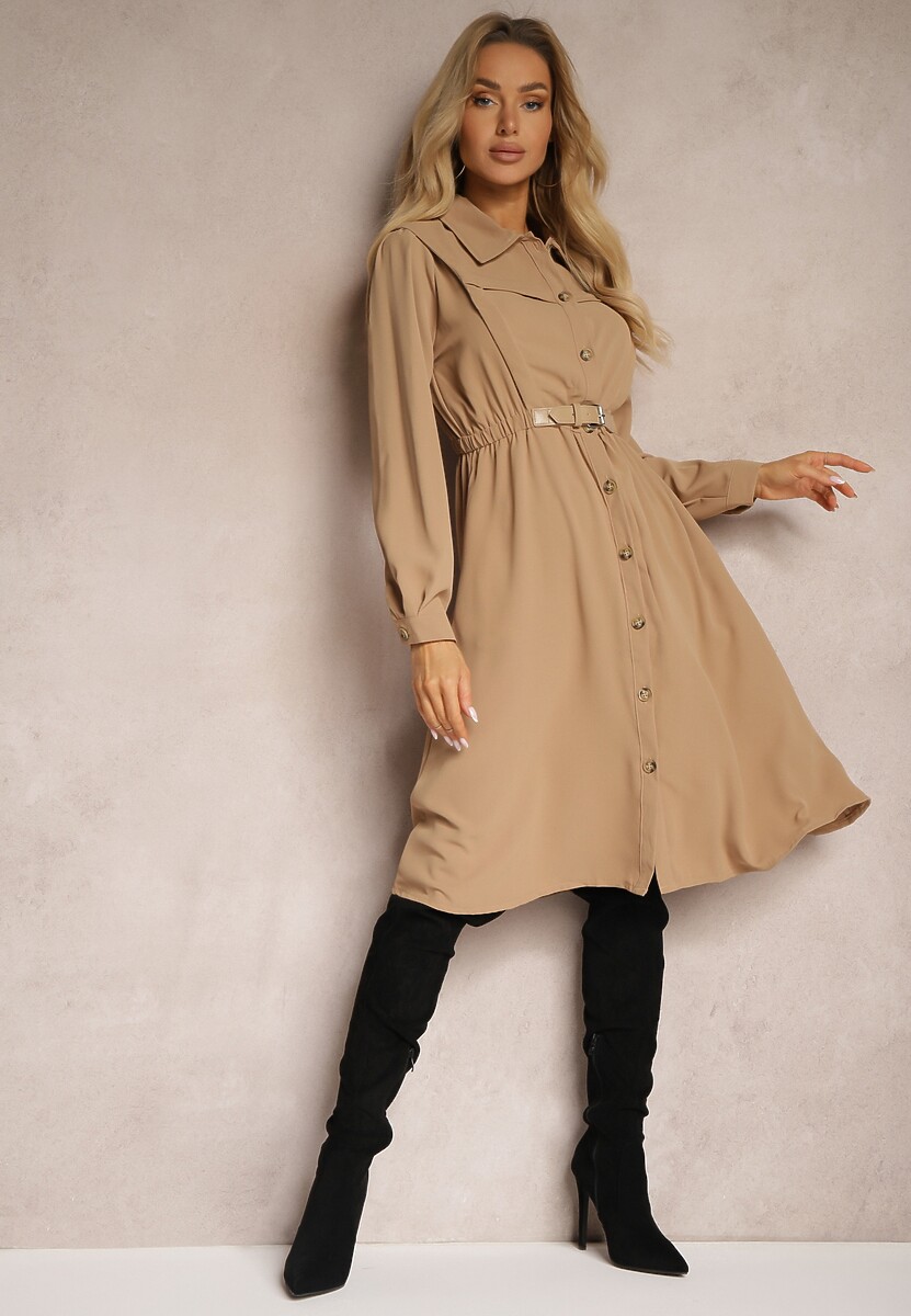 Brązowa Koszulowa Sukienka z Gumką w Talii i Paskiem z Klamerką Jenele