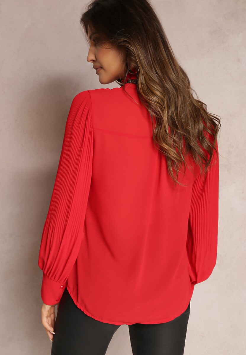 Czerwona Koszula ze Stójką w Cyrkonie i Bufiastym Rękawem Kutto