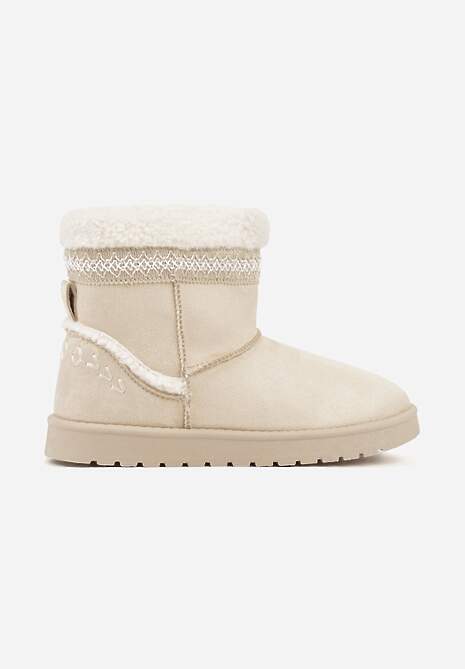 Beżowe Śniegowce o Wsuwanym Fasonie z Haftem i Futrem przy Cholewce Mevinadia