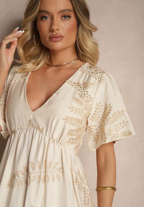 Beżowa Rozkloszowana Sukienka z Wiskozy Ozdobiona Haftowanymi Liśćmi Tirvesa