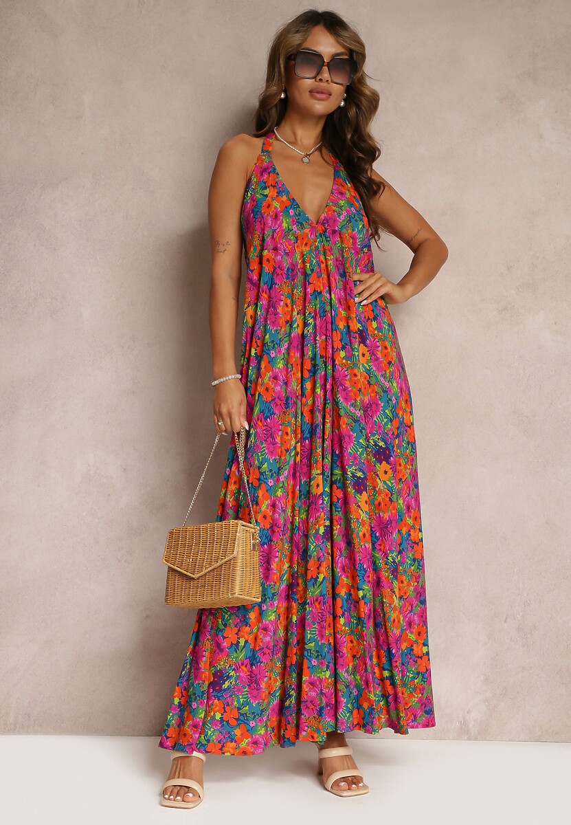 Różowa Kwiecista Sukienka Maxi z Wiskozy z Wiązaniem na Szyi i Plecach Lunka