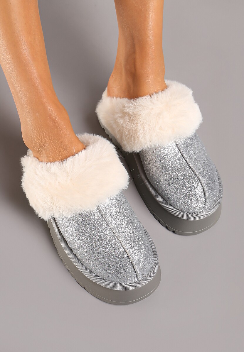 Srebrne Brokatowe Kapcie na Platformie Ozdobione Futerkiem Innavellea