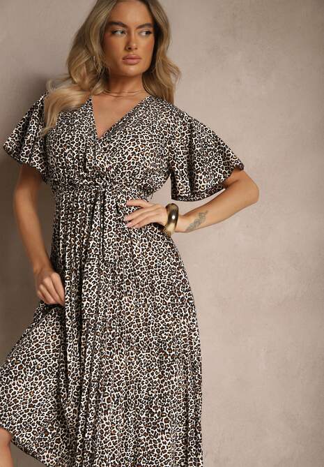 Czarno-Biała Sukienka Kopertowa z Wiązanym Paskiem Zdobiona Printem w Panterkę Gilinne