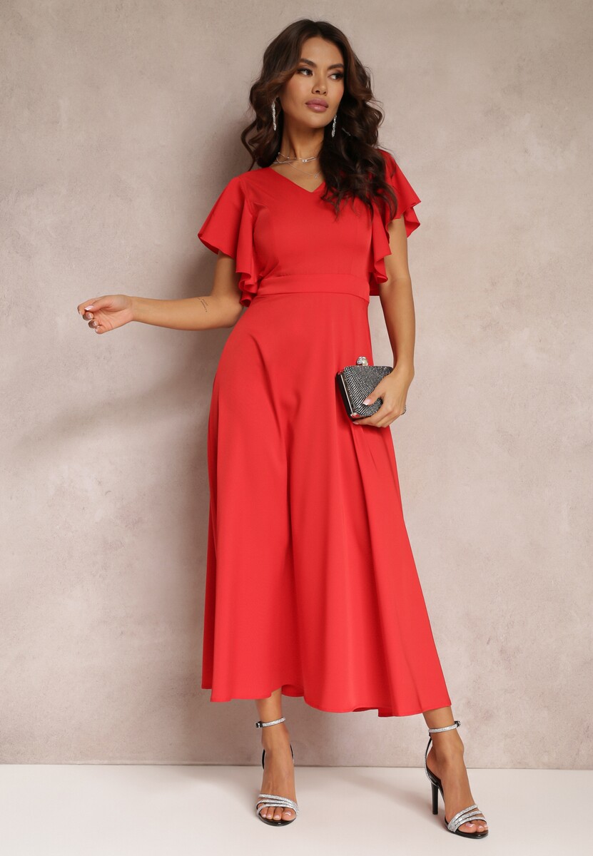 Czerwona Sukienka o Rozkloszowanym Kroju z Falbanami Bouchard