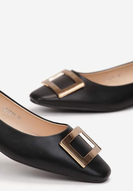 Czarne Balerinki z Metalową Ozdobą na Płaskim Obcasie Nibraca