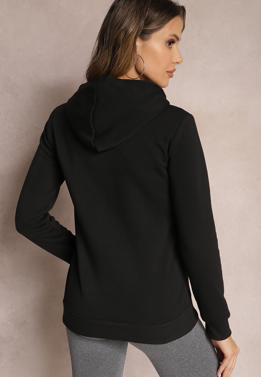 Czarna Ocieplana Bluza z Haftem i Kapturem Ieliana