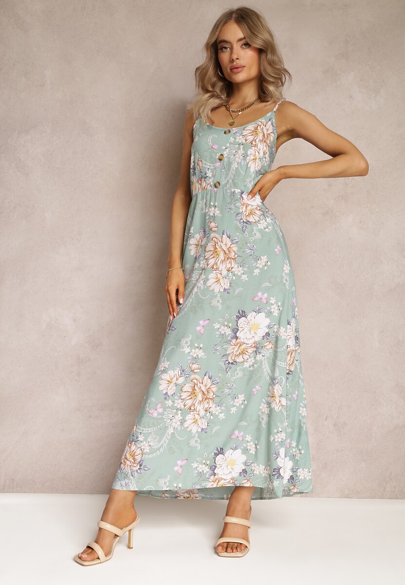 Jasnozielona Sukienka w Kwiaty na Ramiączkach Lydienne