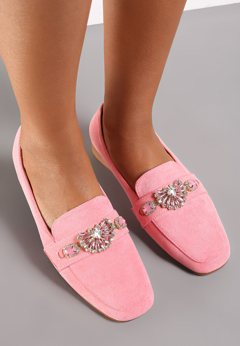 Różowe Mokasyny z Kwadratowym Noskiem i Ozdobą z Cyrkonii Henei