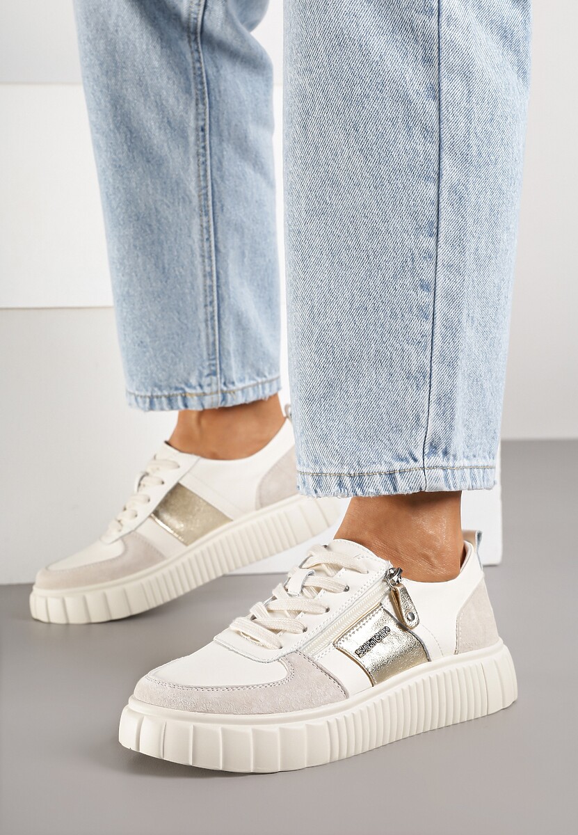 Beżowe Sneakersy ze Skóry Naturalnej z Metalicznym Zdobieniem Zorentee