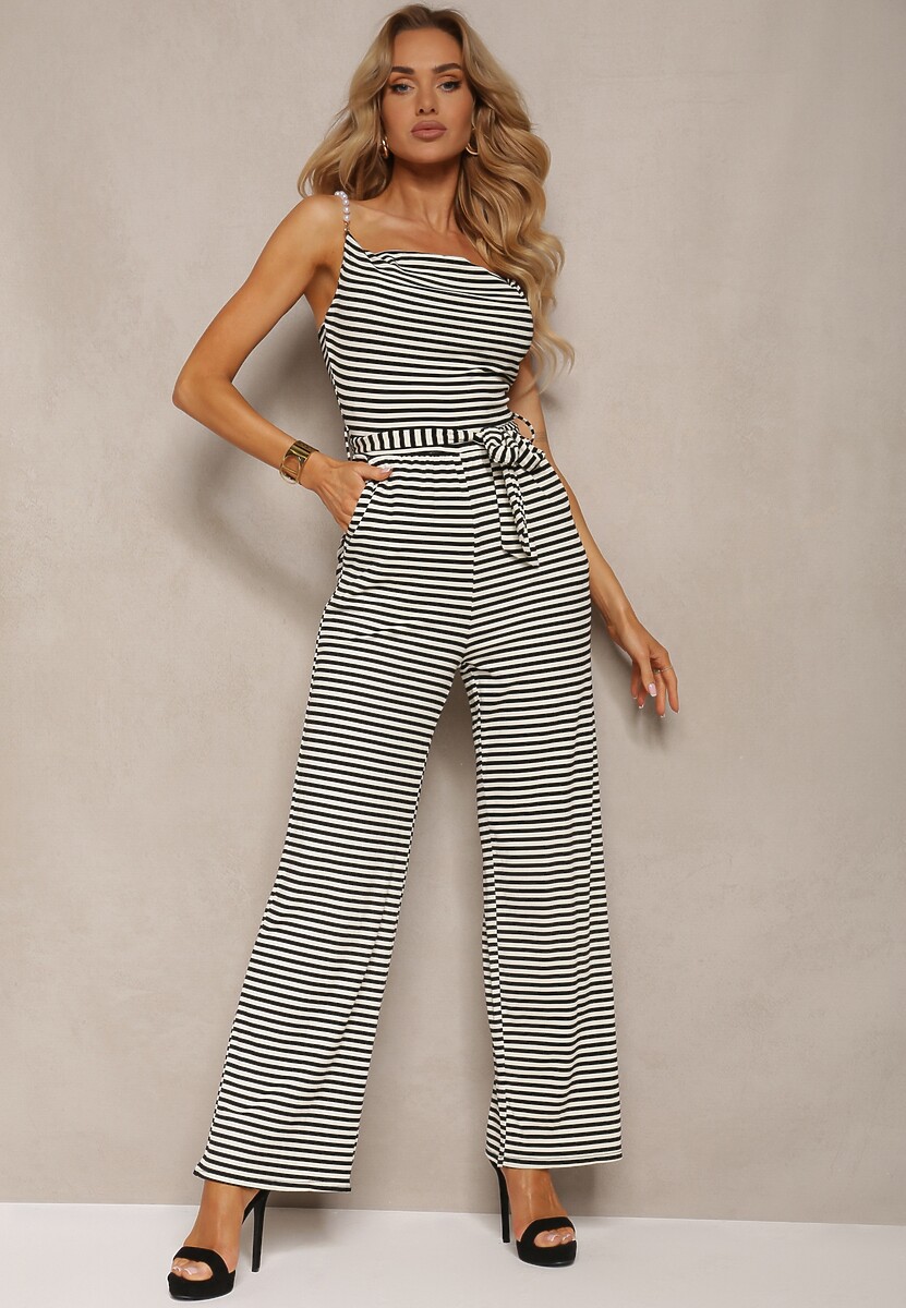 Czarno-Biały Kombinezon na Ramiączkach z Łańcuszka Ozdobiony Materiałowym Paskiem z Gumką w Talii Einna