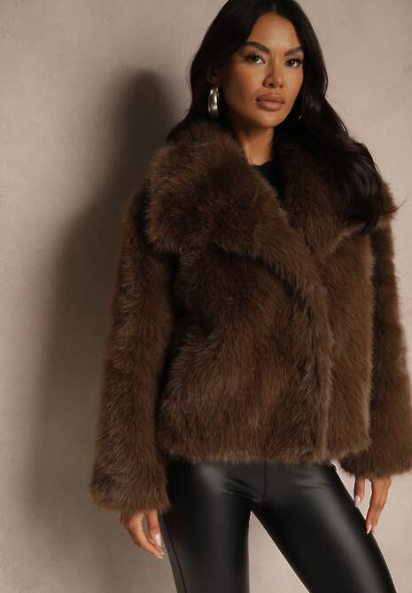 Brązowa Kurtka ze Sztucznego Futra Ozdobiona Kołnierzem Meriian