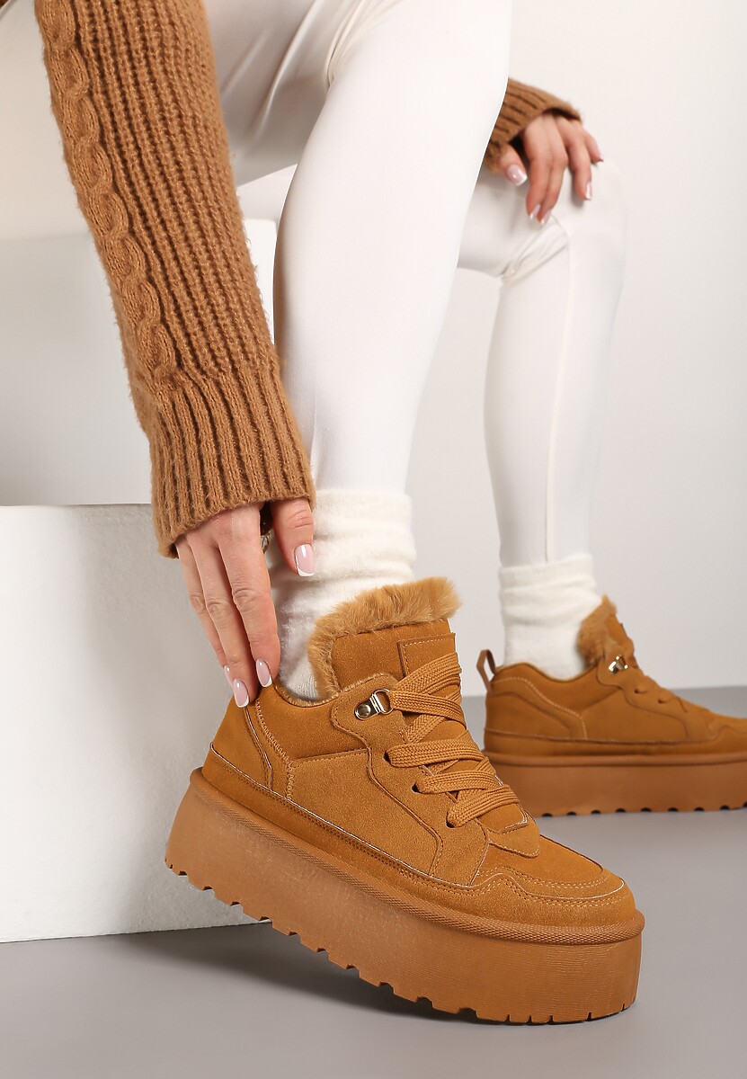 Brązowe Sneakersy Stylizowane na Śniegowce Ozdobione Futerkiem Maviena