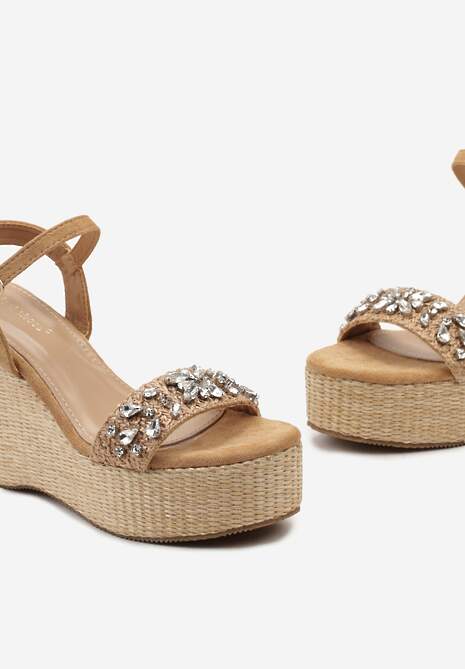 Brązowe Sandały na Koturnie i Platformie z Plecionki z Cyrkoniami i Sprzączką Ridala