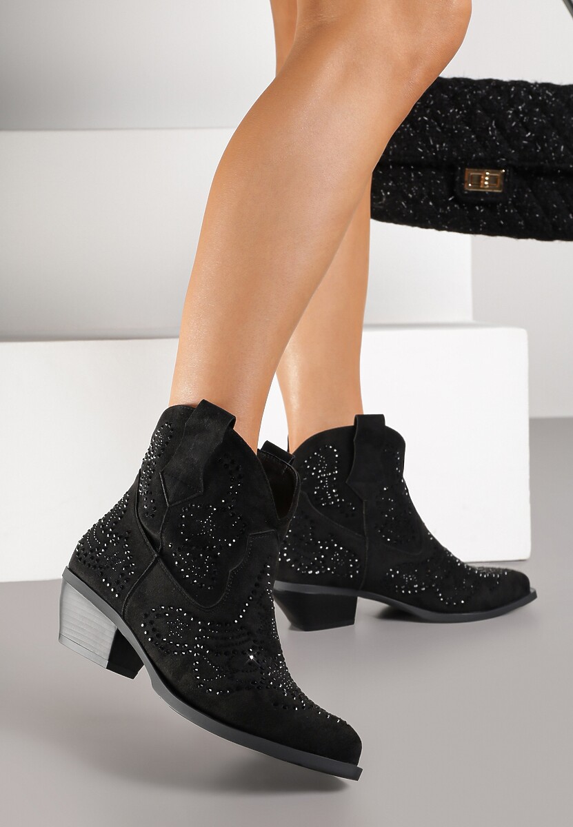 Ciemnobeżowe Krótkie Botki Typu Kowboki z Cyrkoniowym Zdobieniem Lalare