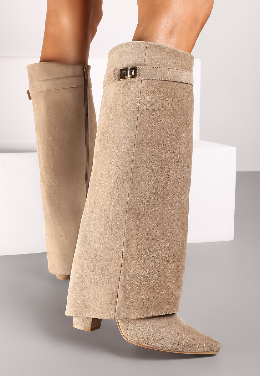 Ciemnobeżowe Kozaki na Słupku z Wywiniętą Cholewką i Klamerką Upaxa