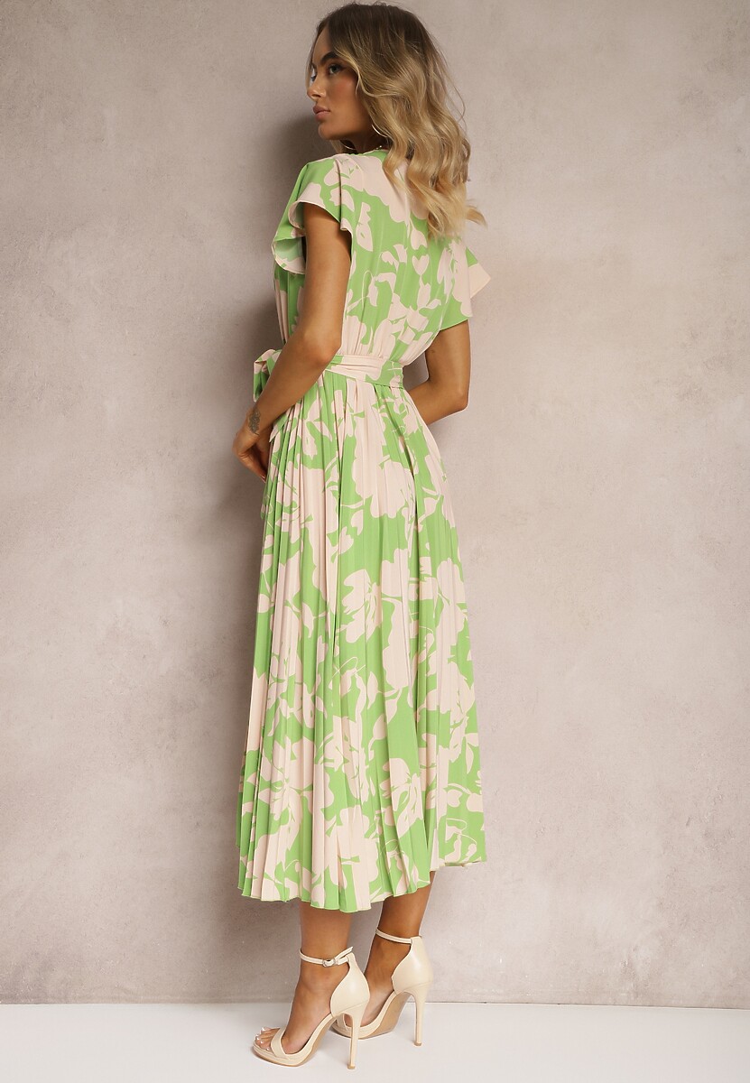 Zielono-Beżowa Kopertowa Plisowana Sukienka Koktajlowa z Gumką i Paskiem w Talii Benelsea