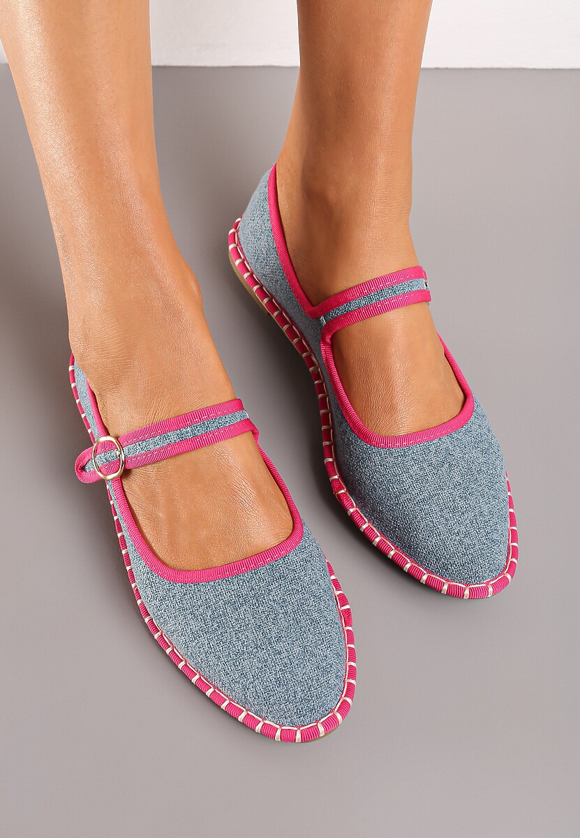 Niebiesko-Fuksjowe Balerinki z Ozdobnym Przeszyciem i Dodatkowym Paskiem Rosawina