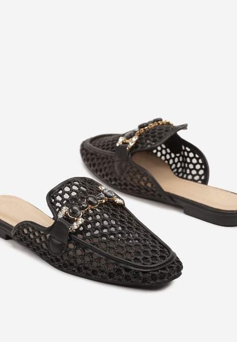 Czarne Klapki Mule z Siateczkową Cholewką Ozdobione Cyrkoniami i Klamrą Nimivina