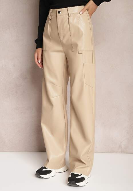 Jasnobeżowe Spodnie z Imitacji Skóry Szerokie Narash