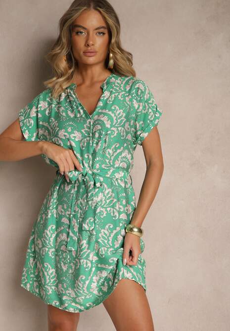 Zielona Sukienka o Pudełkowym Kroju z Materiałowym Paskiem w Talii Namsionne