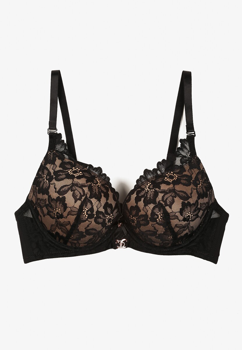 Czarno-Beżowy Koronkowy Biustonosz Ozdobiony Metaliczną Aplikacją Mirzedi