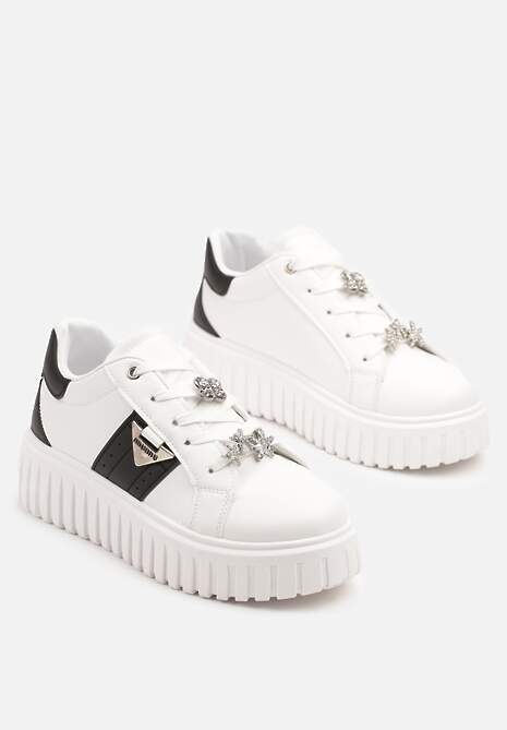 Biało-Czarne Sneakersy na Tłoczonej Platformie z Metalicznymi Ozdobami Eleanilia