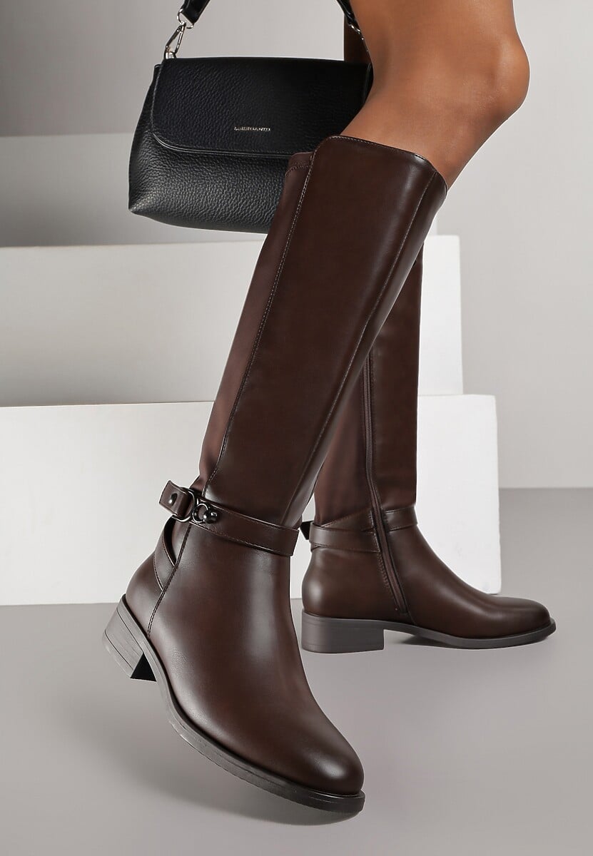 Brązowe Kozaki w Stylu Oficerek Ozdobione Klamrami Otima