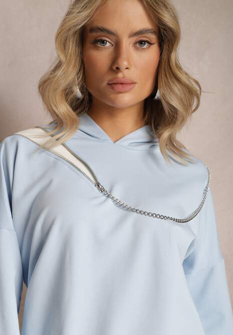 Niebieska Asymetryczna Bluza z Bawełny z Kapturem i Ozdobnym Suwakiem Lueur