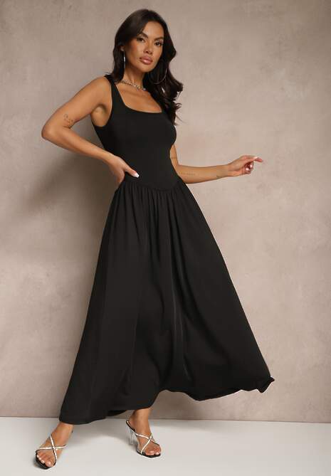 Czarna Rozkloszowana Sukienka z Wiskozą i Kwadratowym Dekoltem Ravvia