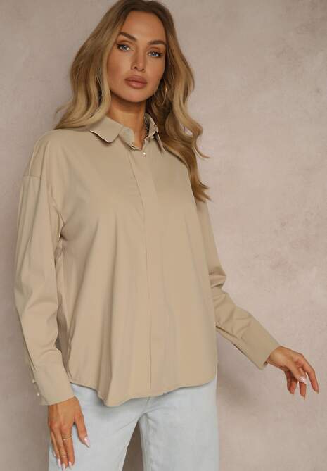 Ciemnobeżowa Koszula z Wiskozą w Klasycznym Stylu Lisarila